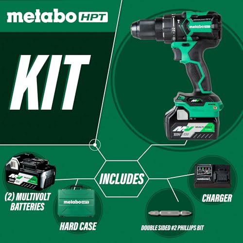 Metabo HPT 36V MultiVolt Cordless ½-Inch Hammer Drill Kit 1,400 in-lbs. Max Torque Reactive Force Control Optional AC Adapter DV36DC