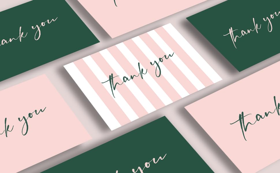 AZAZA Thank You Cards with Envelopes Striped 24 Pcs, Pink Thank You Cards Bulk Baby Shower Girl, Wedding Thank You Cards Green and Pink, Blank Thank You Notes for Bridal Shower