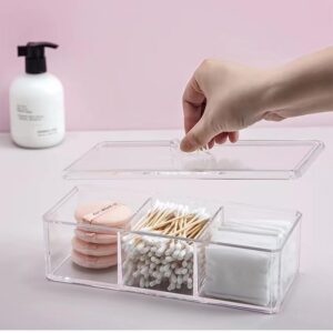 JRIQH 3 Grids Qtip Hold Dispenser.Qtip Organizers and Storage with Lid for Bathroom Vanity Countertop for Cotton Swabs,Cotton Rounds,Lipstick,Hairpin,Cosmetics (3 Grid transparent)