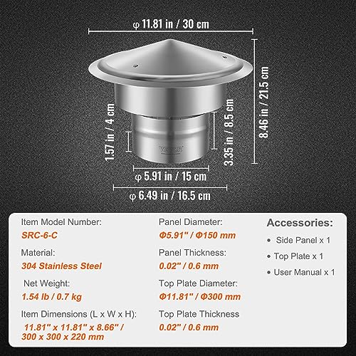 VEVOR Chimney Cap 6 inch All Weather & Reinforced Screws & Easy Installation, for Perfect Insulation Vent Cover Outside, Silver