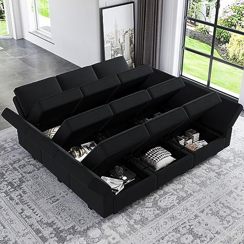 Belffin Modular Sectional Sofa with Ottomans Velvet Reversible Sleeper Chaise Bed Storage Seat Black