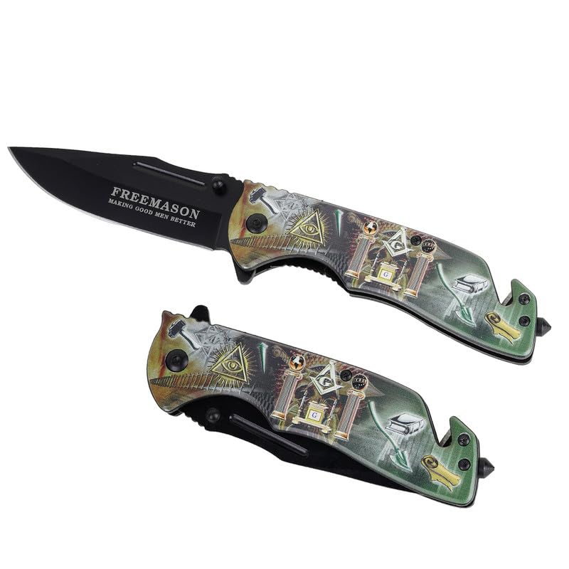 Trendy Zone 21 Folding Masonic Pocket Knife, 5.00 inch Stainless Steel Pocket Knife with Freemason printed|Various Masonic Symbols printed in 3-D on the handle with Metal clip, Safety Belt Cutter