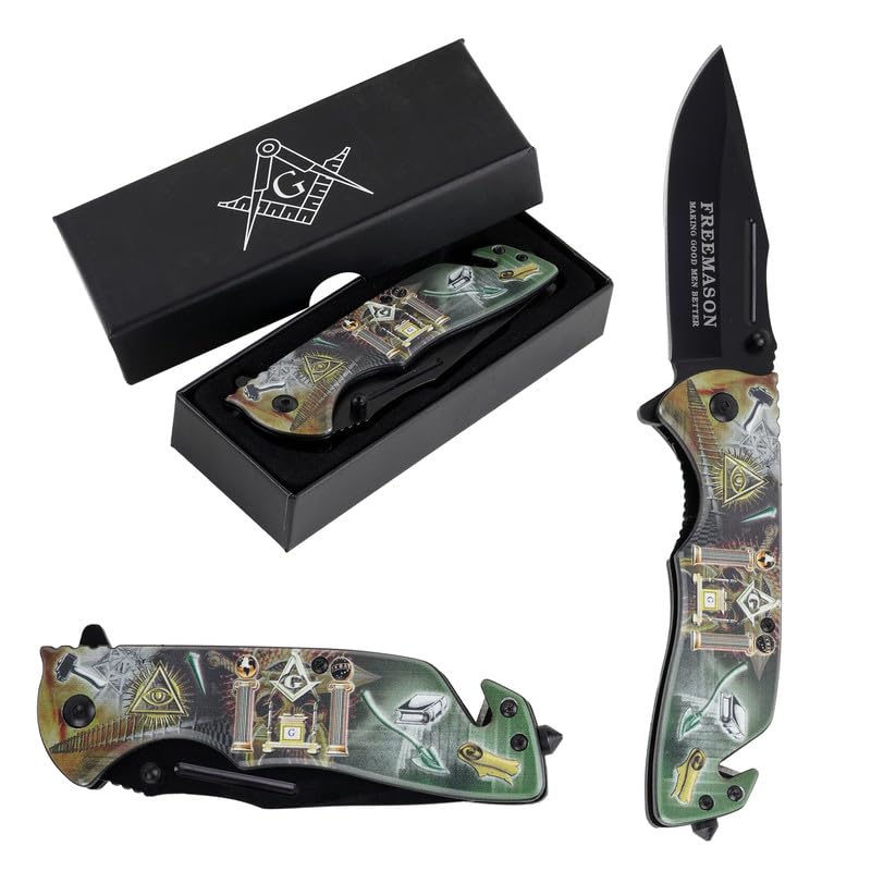 Trendy Zone 21 Folding Masonic Pocket Knife, 5.00 inch Stainless Steel Pocket Knife with Freemason printed|Various Masonic Symbols printed in 3-D on the handle with Metal clip, Safety Belt Cutter