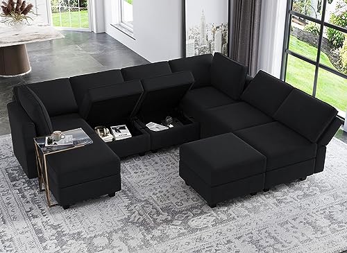 Belffin Modular Sectional Sofa with Ottomans Velvet Reversible Sleeper Chaise Bed Storage Seat Black