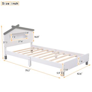 Bellemave Twin Size Platform Bed with House-Shaped Headboard and Motion Activated Night Lights,Wood Twin Kids Bed Frame for Teens, Girls,Boys(Twin,White)