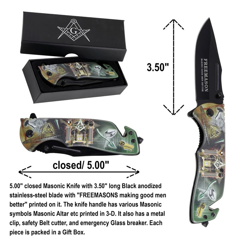 Trendy Zone 21 Folding Masonic Pocket Knife, 5.00 inch Stainless Steel Pocket Knife with Freemason printed|Various Masonic Symbols printed in 3-D on the handle with Metal clip, Safety Belt Cutter