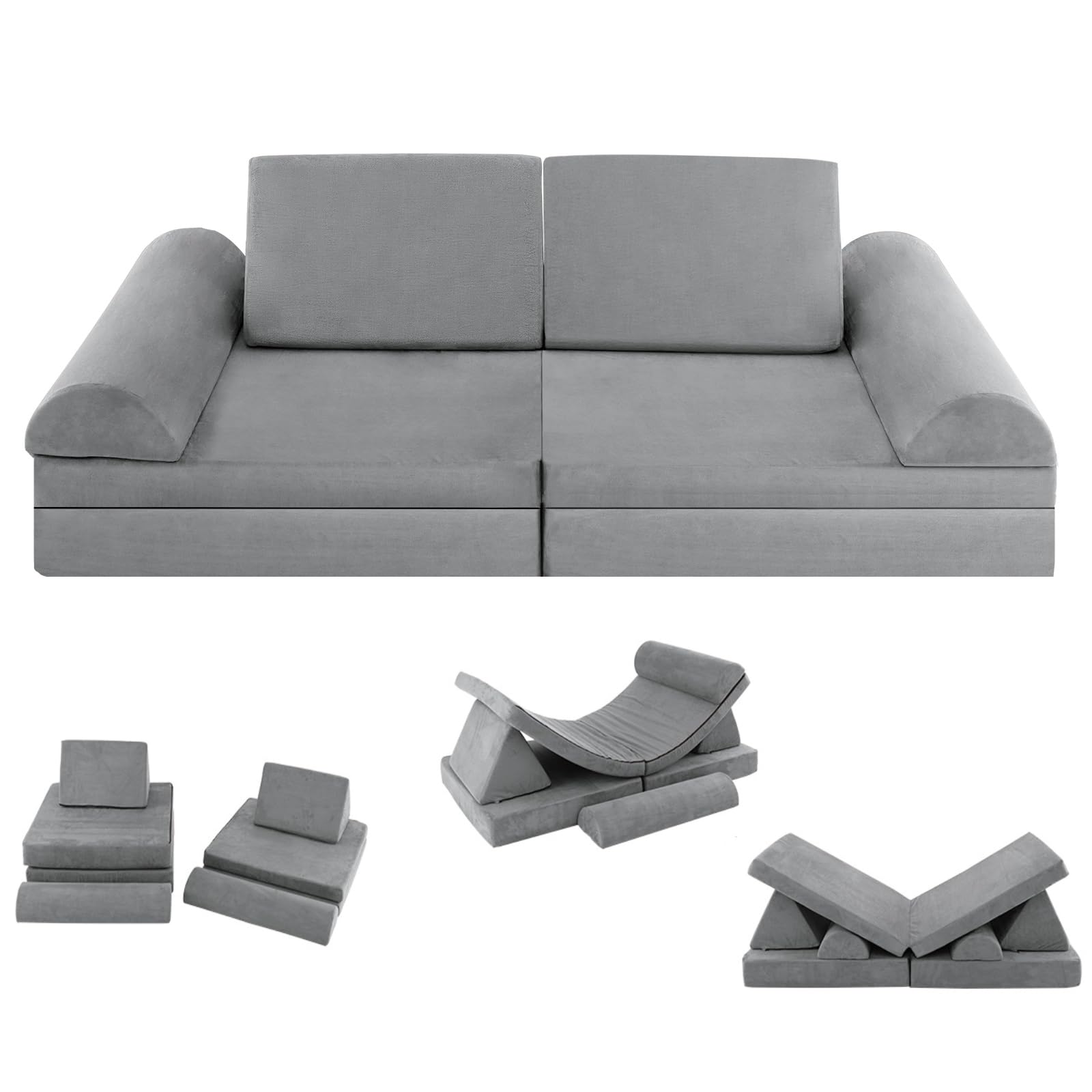 Costzon Kids Play Couch Sofa, Large Modular Folding Sofa Building Fort Playset with Handle, Machine-Washable Cover, Convertible Foam Cushion for Playroom Bedroom Boys Girls Gifts (8-Piece, Gray)