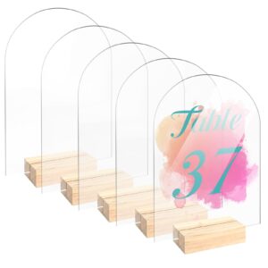 bercoor 5 pack 5x7 inch blank clear arch acrylic sign with wooden stands, arched round top acrylic sheet, diy acrylic arch table numbers for diy name card gifts event party sign decoration