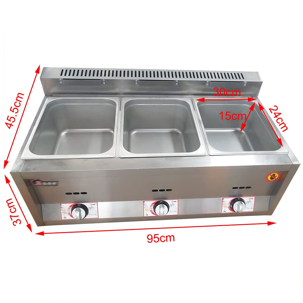 Food Warmer, 3-Pan 18L Gas Food Warmer Commercial Countertop Deep Gas Fryer Propane LPG Stainless Steel Buffet Steam Table Warmer with Lids for Catering Restaurants Home Party