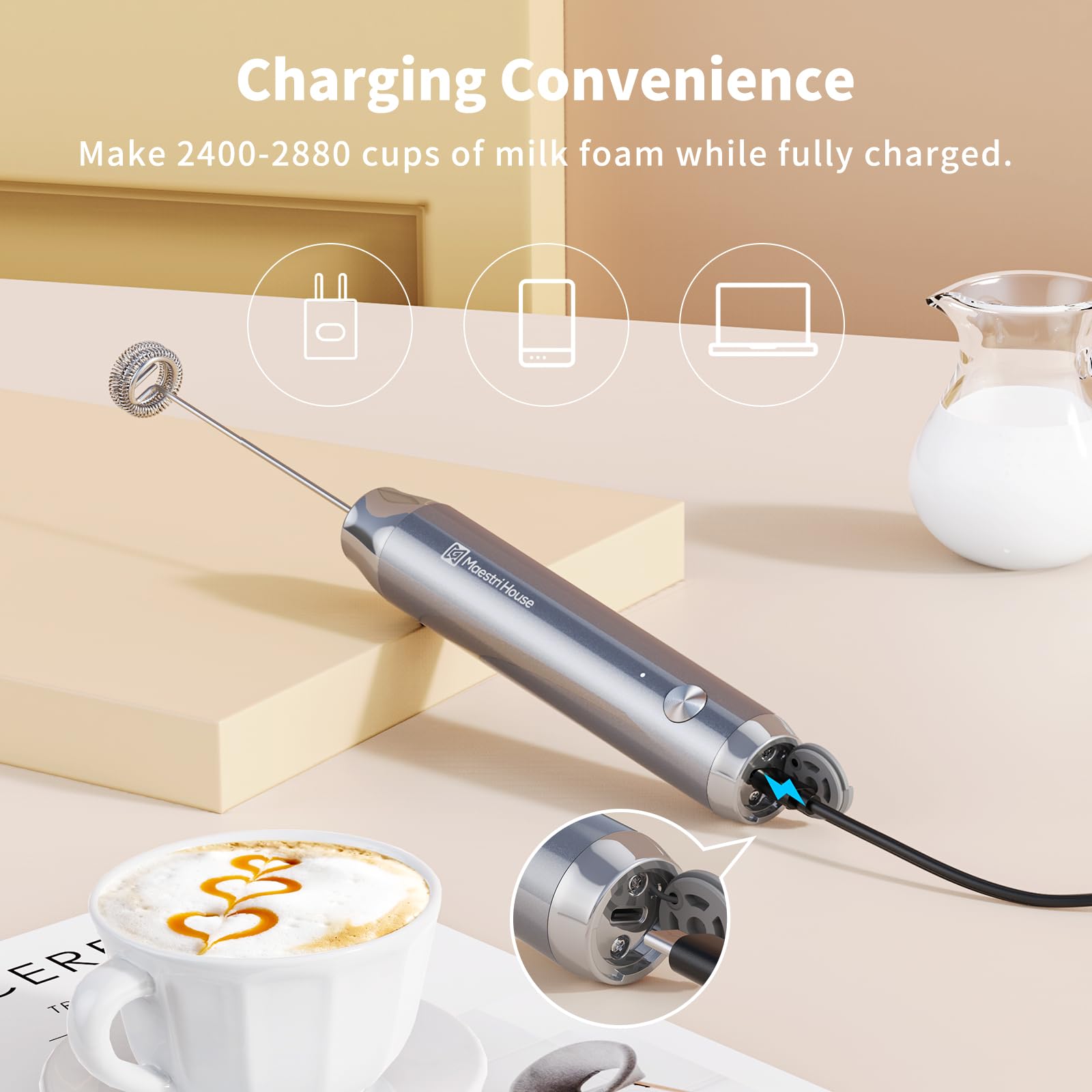 Maestri House Rechargeable Milk Frother with Stand, Handheld Electric Foam Maker Waterproof Detachable Stainless Steel Whisk Drink Mixer Foamer for Lattes, Cappuccino