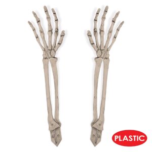 Beistle 2 Piece 17.5" Spooky Theme Plastic Skeleton Hand Yard Stakes Scary Halloween Lawn Decorations, Celebrating With You Since 1900, White/Gray