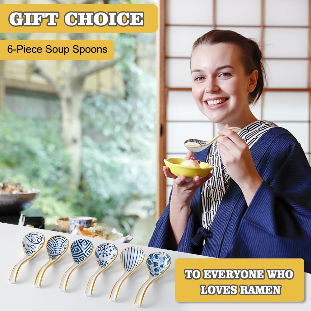 Soup Spoons Set of 6, Soup Dumplings Asian Soup Spoon Set Non-slip Bottom Japanese Spoons for Ramen Chinese Wonton, Dumplings, Pho, Noodle Soup Spoons