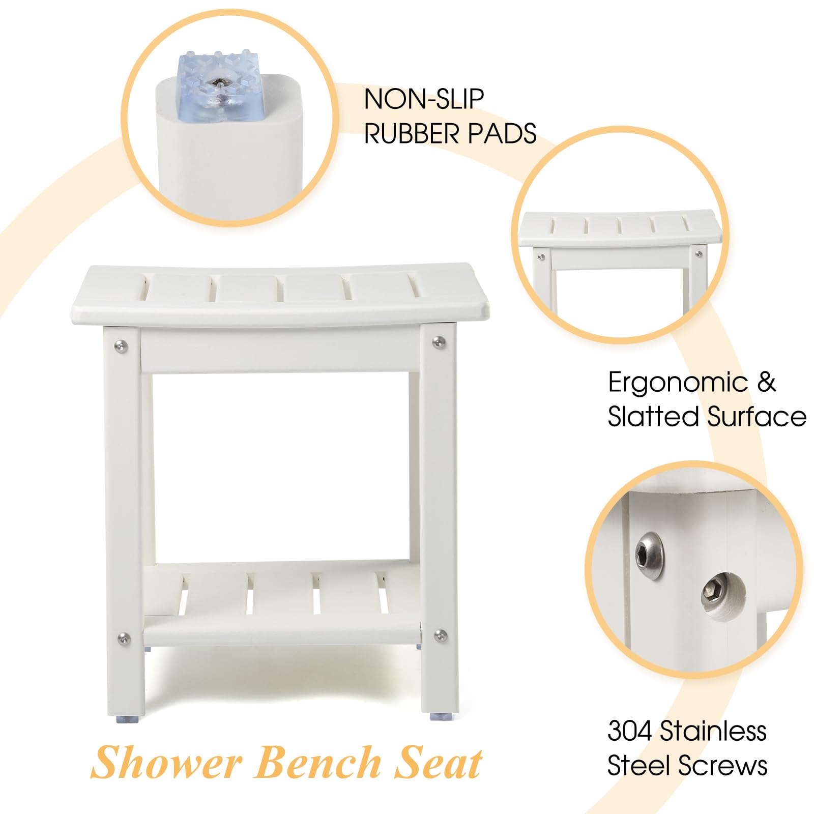 Apolimi Shower Chair, HDPE Shower Bench for Inside Shower to Sit On It, Shower Stool with Storage Shelf 2-Tier Spa Stool for Elderly,Water Resistant & Non-Slip Design Shower Seat Bench(White S Size)