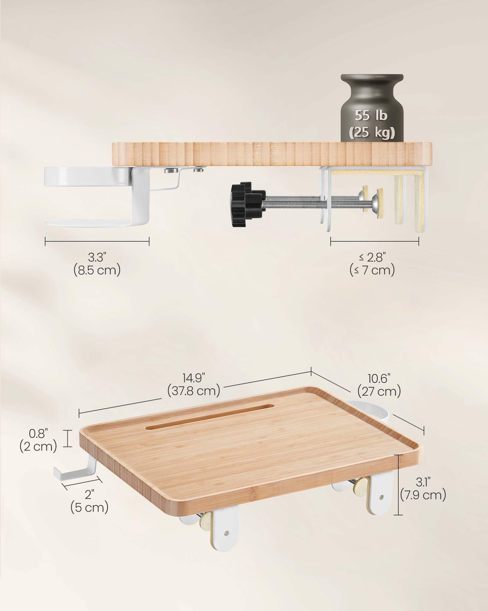 VASAGLE Bedside Shelf for Top Bunk, College Dorm Room Essentials Clip On Nightstand Bedside Storage with Phone Slot, Cup Holder, Hook, Clamps, Dormitory, Loft Accessories, Natural Beige ULET301N03