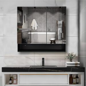 HESONTH Farmhouse Black Metal Framed Surface Mounted Bathroom Medicine Cabinet with Mirror Rectangle Vanity Mirros Cabinet for Wall with Double Doors