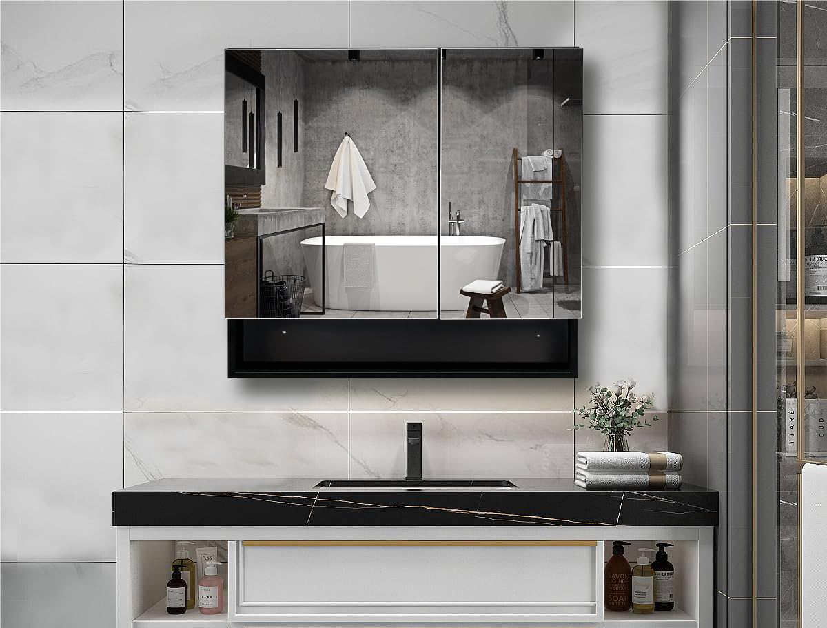 HESONTH Farmhouse Black Metal Framed Surface Mounted Bathroom Medicine Cabinet with Mirror Rectangle Vanity Mirros Cabinet for Wall with Double Doors