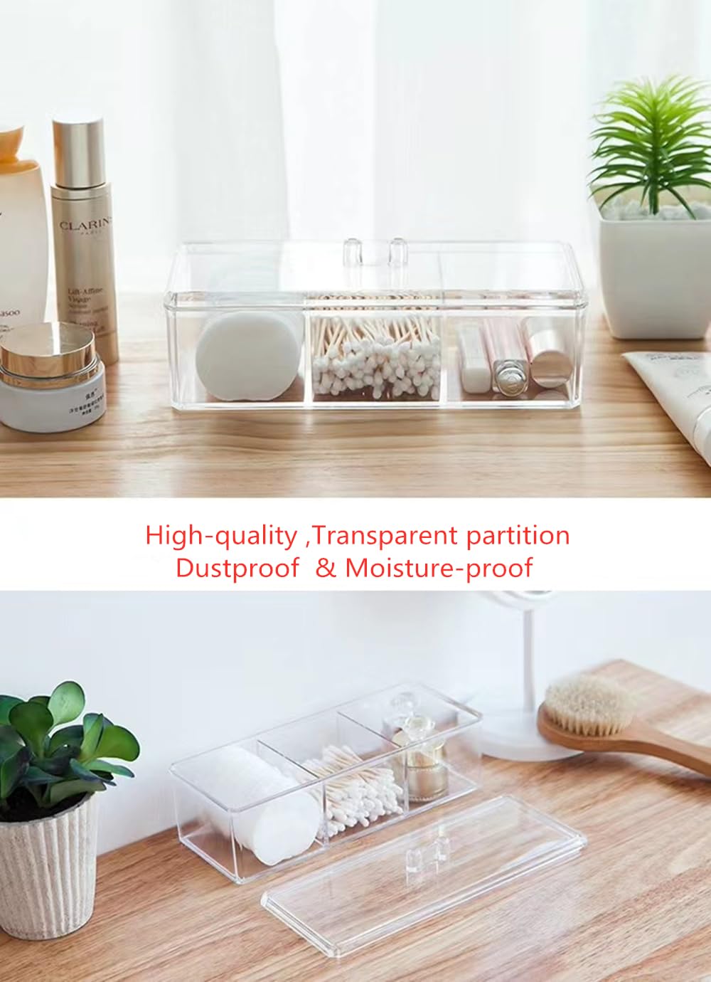 JRIQH 3 Grids Qtip Hold Dispenser.Qtip Organizers and Storage with Lid for Bathroom Vanity Countertop for Cotton Swabs,Cotton Rounds,Lipstick,Hairpin,Cosmetics (3 Grid transparent)