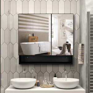 HESONTH Farmhouse Black Metal Framed Surface Mounted Bathroom Medicine Cabinet with Mirror Rectangle Vanity Mirros Cabinet for Wall with Double Doors