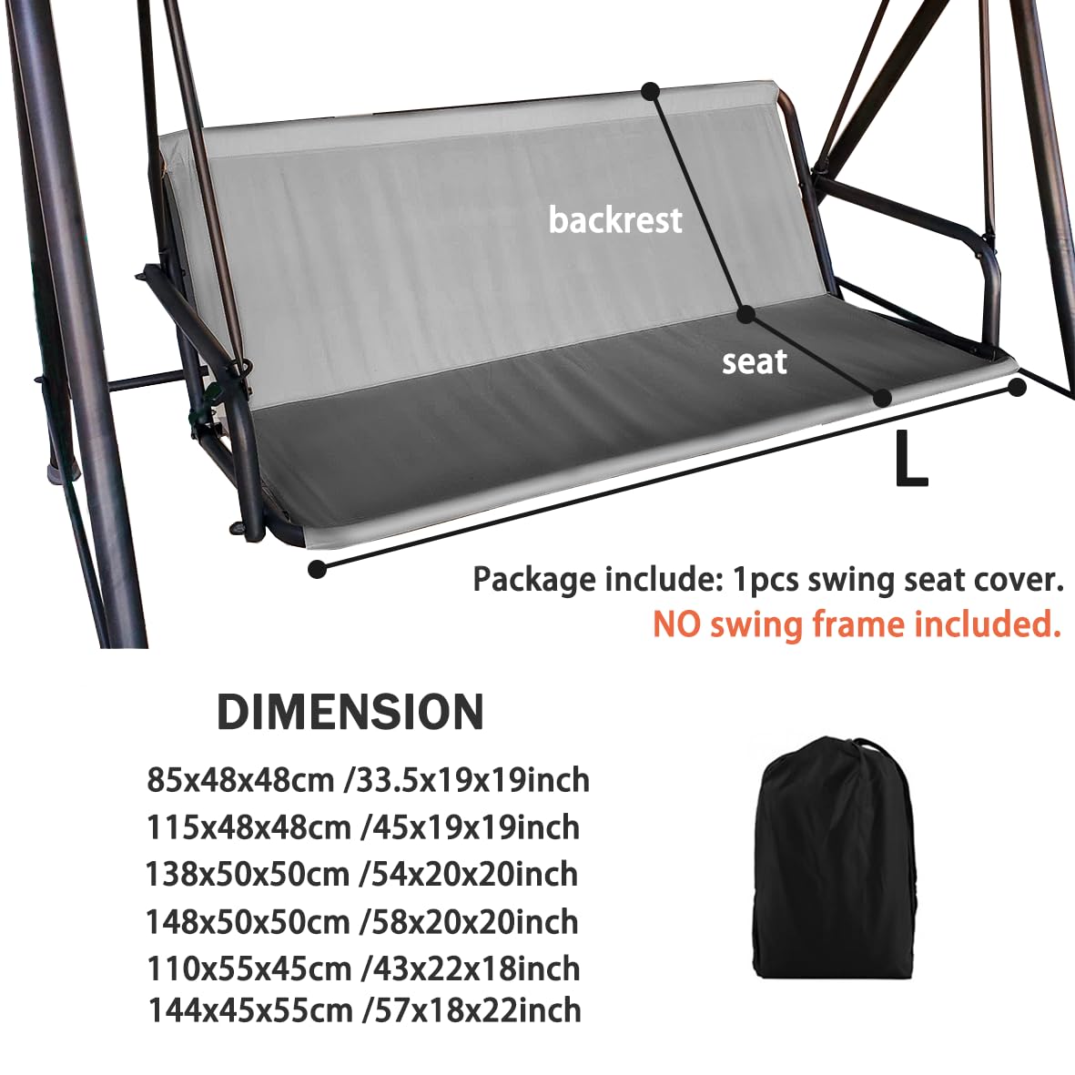 J&C Patio Swing Seat Cover Replacement 600D Heavy Duty Swing Cushion Cover Outdoor Swing Seat Support Waterproof UV Resistant for 2 Seater 3 Seater Durable Swing Covers for Frame (58x20x20inch)