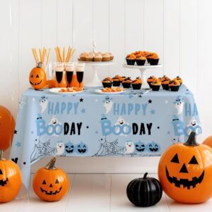 PATIAI 3 Pack Halloween Happy Boo Day Tablecloths Blue Halloween Pumpkin Ghost Rectangular Plastic Table Cover for Halloween Baby Shower Birthday Party Decorations(71 x 43 Inches)