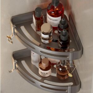 FENGZIZH Adhesive Corner Shower Caddy with Hooks - Versatile Bathroom Storage Solution for Shampoo and Shower Supplies,No Drill Shower Shelf Convenient Shower Caddy Hanging Rack