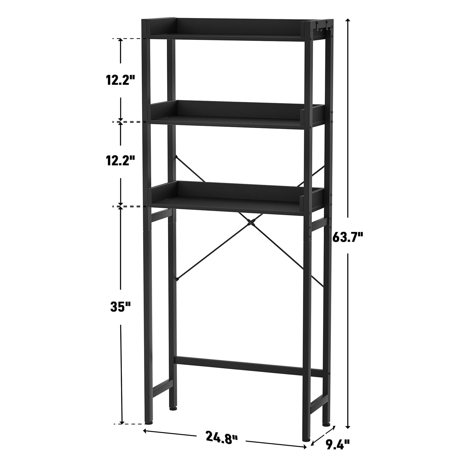 Ecoprsio Over-The-Toilet Storage Rack, 3-Tier Bathroom Organizer Shelf Over Toilet, Freestanding Space Saver Toilet Stands with 4 Hooks, Black