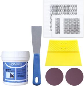 hommee drywall repair kit,drywall hole patch repair kit to fix wall surface holes and creak damage with white repair putty 8.5oz,scraper,sanding pad fill quick and easy solution