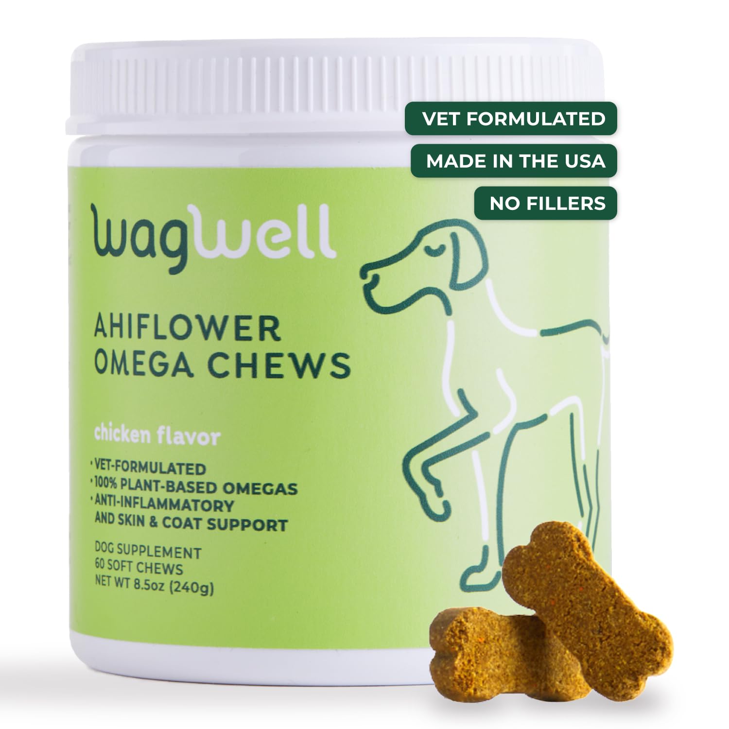 WagWell Ahiflower Omega Oil Dog Chews - Vet-Formulated Skin, Coat, Hip and Joint Chews for Dogs - Plant-Based Omega 3, 6 and 9 Supplement - Natural Chicken-Flavored Dog Omega Oil Bites, 60 Soft Chews