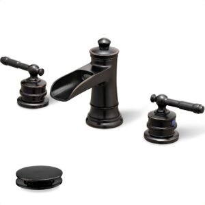 hoigy oil rubbed bronze bathroom faucet, brass waterfall faucet widespread bathroom sink faucet 3 hole, 4-16 inch bathroom faucets with pop up drain 2 handle & supply hose for hotel farmhouse antique