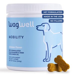 wagwell mobility chews – vet formulated hip and joint supplement for dogs - natural dog joint supplement with glucosamine and msm – dog joint supplement for large breeds and small breeds, 60 chews