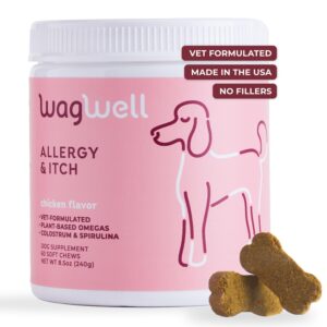 wagwell allergy and itch chews – chicken flavored dog allergy chews – plant based dog chews with colostrum and spirulina – dog skin and coat supplement for itch relief and digestive health, 60 chews