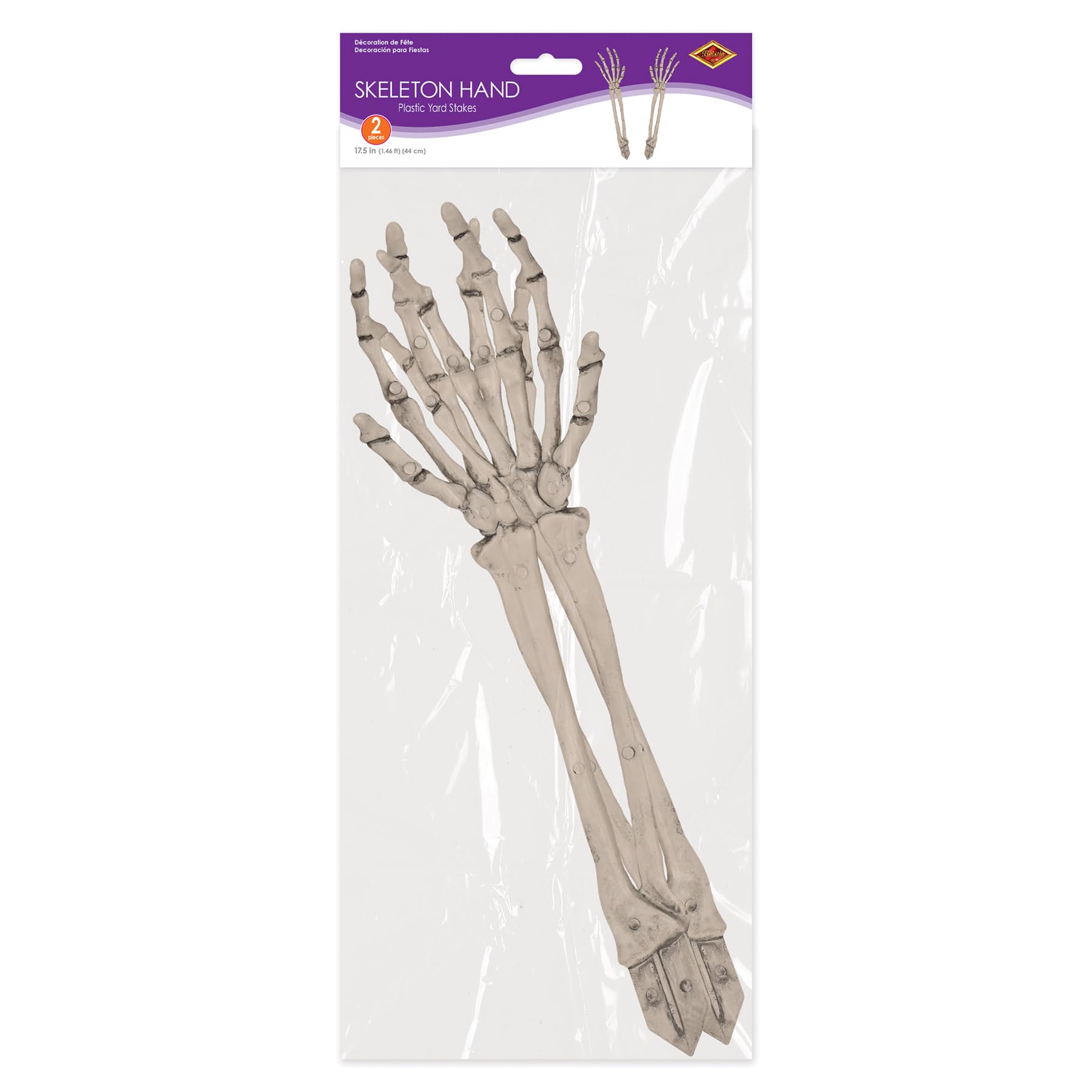 Beistle 2 Piece 17.5" Spooky Theme Plastic Skeleton Hand Yard Stakes Scary Halloween Lawn Decorations, Celebrating With You Since 1900, White/Gray