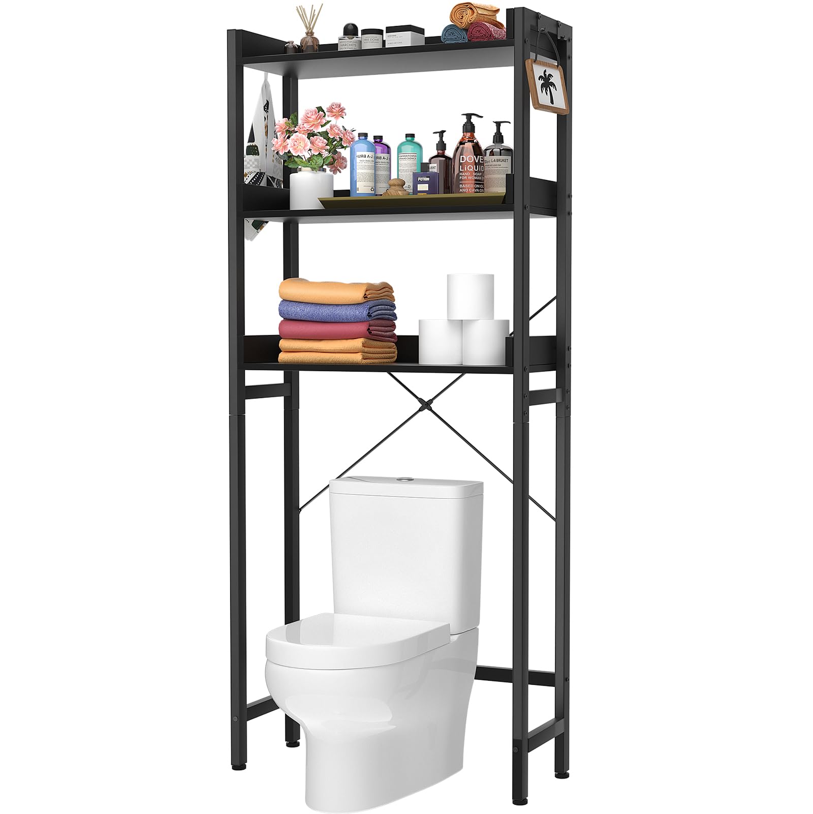 Ecoprsio Over-The-Toilet Storage Rack, 3-Tier Bathroom Organizer Shelf Over Toilet, Freestanding Space Saver Toilet Stands with 4 Hooks, Black