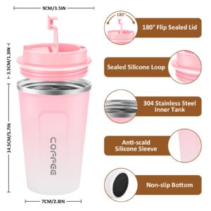 CS COSDDI 12 oz Stainless Steel Vacuum Insulated Tumbler - Coffee Travel Mug Spill Proof with Lid - Coffee Cups for Keep Hot/Ice Coffee,Tea and Beer (Pink-White380ML)