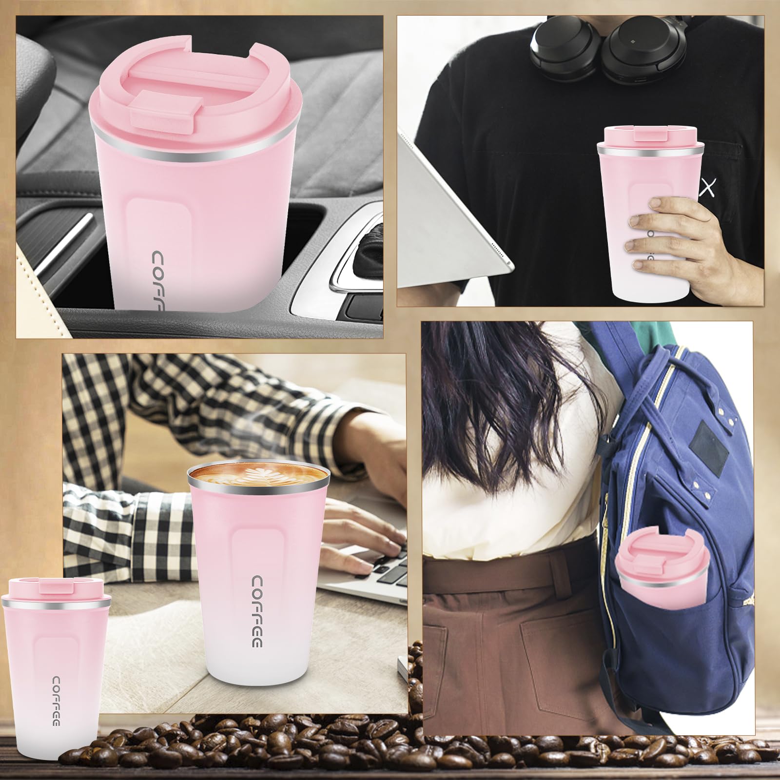 CS COSDDI 12 oz Stainless Steel Vacuum Insulated Tumbler - Coffee Travel Mug Spill Proof with Lid - Coffee Cups for Keep Hot/Ice Coffee,Tea and Beer (Pink-White380ML)