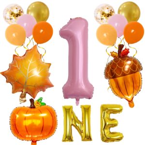 fall balloons for 1st birthday, 40 inch pink one balloon for first birthday, pumpkin balloon, maple leaves nut foil helium balloons, pink 1 balloon for 1st birthday, fall birthday party decorations