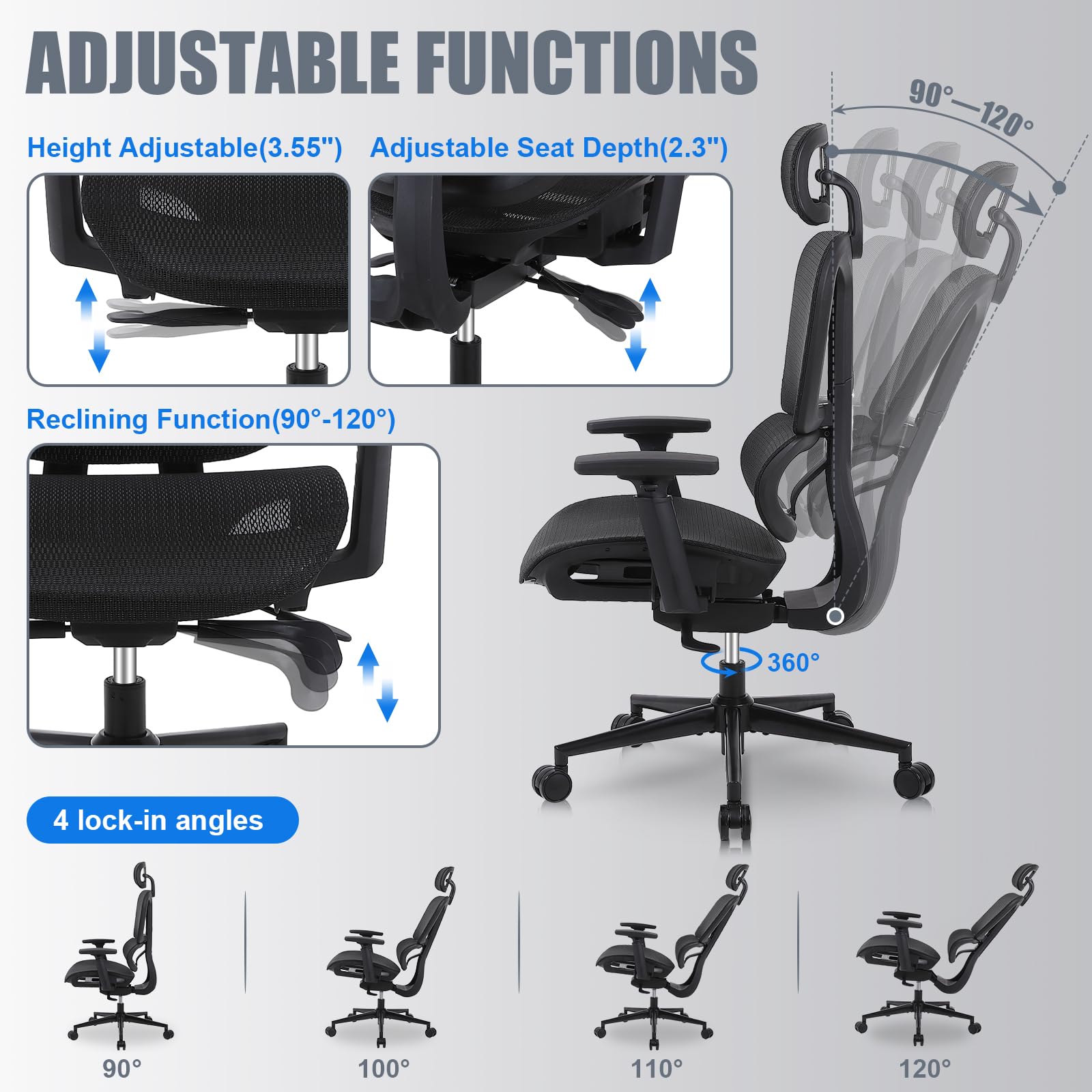 Youhauchair Ergonomic Office Chair with Lumbar Support, High Back Home Office Chairs with Adjustable Seat Depth, 3D Armrests & Headrest, Rolling Desk Chair, Mesh Computer Chair, Black