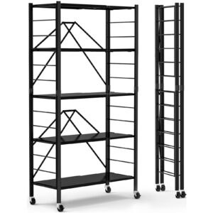 5 tier foldable storage shelves, expandable folding shelving units with wheels, changeable into 2 shelf units, collapsible adjustable storage rack metal shelves for storage, pantry, garage, kitchen