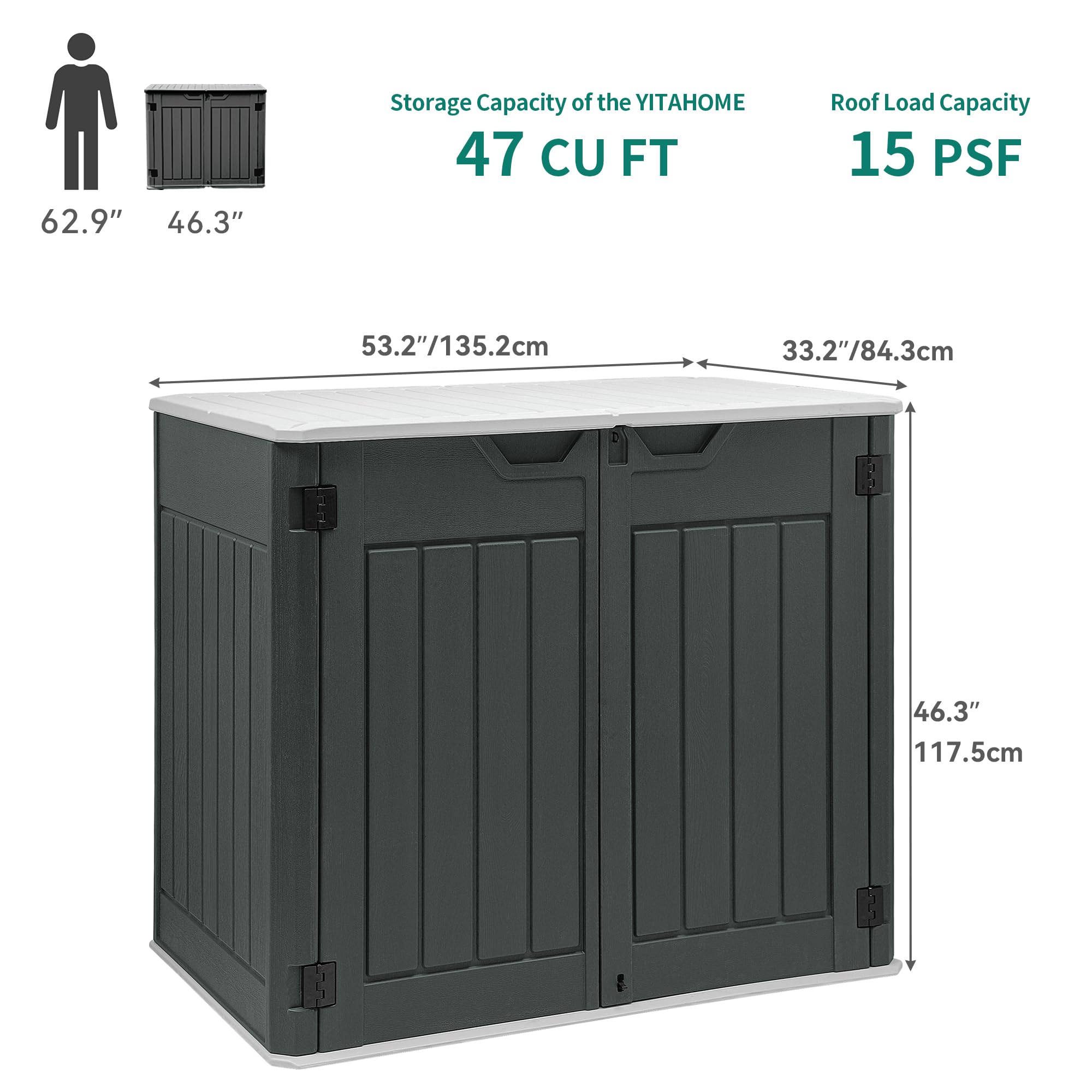 YITAHOME Outdoor Horizontal Storage Sheds w/o Shelf, Weather Resistant Resin Tool Shed, Multi-Open Door for Storage of Bikes, Trash Cans, Garden Tools, 39 cu ft, Waterproof, Lockable, Dark Gray