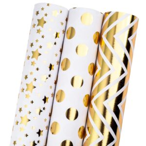 homeral christmas wrapping paper roll - white and gold foil polka dot, star, wave luxury metallic shine gift wrap paper for christmas, birthday, wedding - 3 rolls - 17 x 120 inch per roll