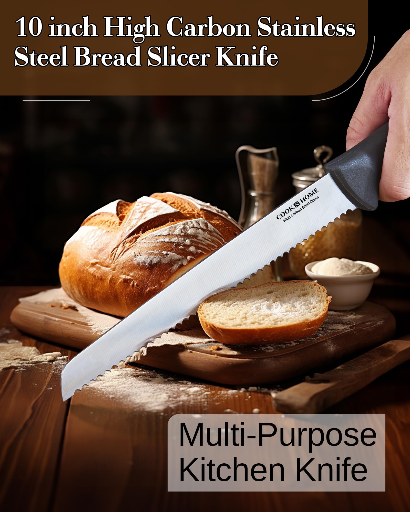 Cook N Home Bread Slicer Knife 10-Inch, Wavy Serrated High Carbon Stainless Steel Sharp Kitchen Knife, Ergonomic Handle, Black