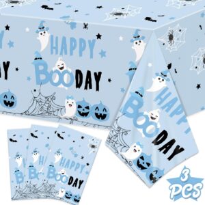 patiai 3 pack halloween happy boo day tablecloths blue halloween pumpkin ghost rectangular plastic table cover for halloween baby shower birthday party decorations(71 x 43 inches)