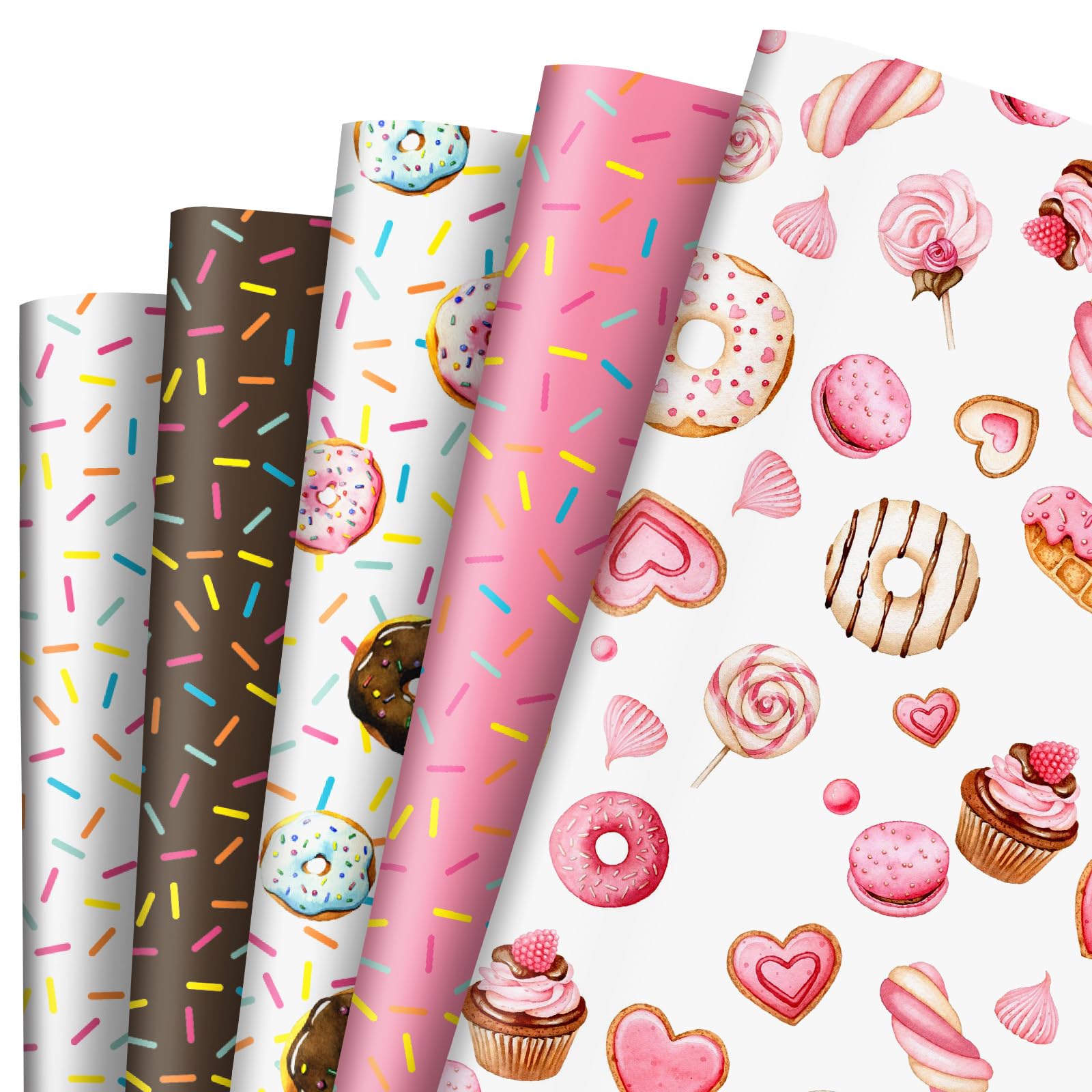 AnyDesign 10 Sheet Donut Wrapping Paper Sweet Treat Gift Wrap Paper Bulk Folded Flat Cupcake Candy Decorative DIY Art Craft Paper for Birthday Wedding Baby Shower Party Gift Decor, 19.7 x 27.6 Inch