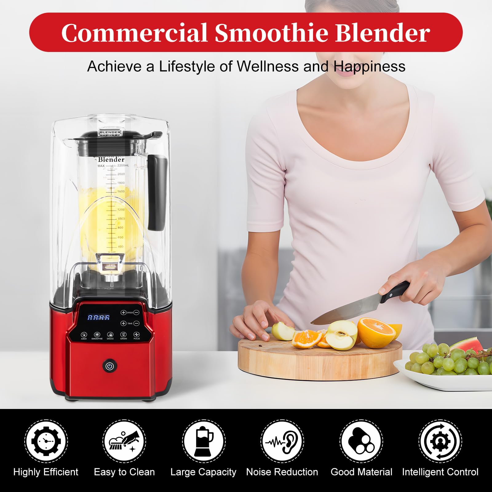 LIKARVA 2.2L Commercial Blender with Soundproof Fruit Juicer Smoothie Maker, Red, 2200W