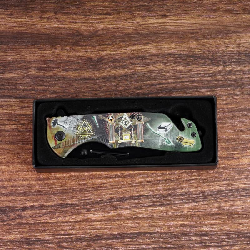 Trendy Zone 21 Folding Masonic Pocket Knife, 5.00 inch Stainless Steel Pocket Knife with Freemason printed|Various Masonic Symbols printed in 3-D on the handle with Metal clip, Safety Belt Cutter