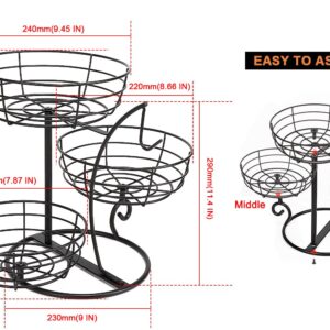 Livabber Fruit Basket Bowl with Banana Hanger, Fruit Vegetable Storage Basket with Banana Tree Holder for Kitchen Counter, Detachable Organizer for Bread Snack Produce (Black, 3-Tier Metal Base)