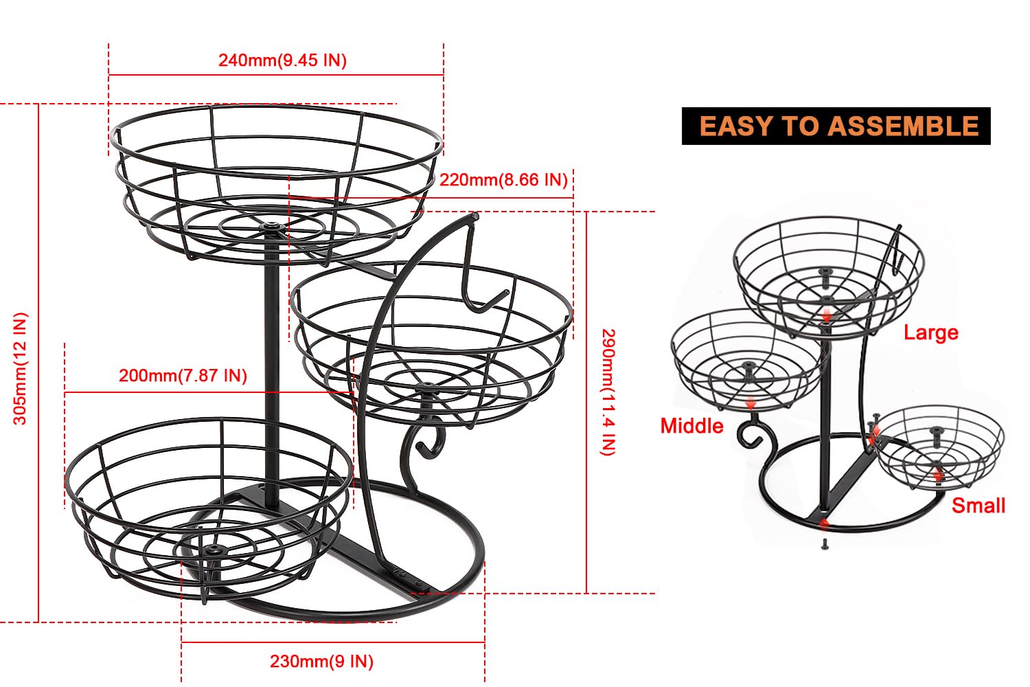 Livabber Fruit Basket Bowl with Banana Hanger, Fruit Vegetable Storage Basket with Banana Tree Holder for Kitchen Counter, Detachable Organizer for Bread Snack Produce (Black, 3-Tier Metal Base)