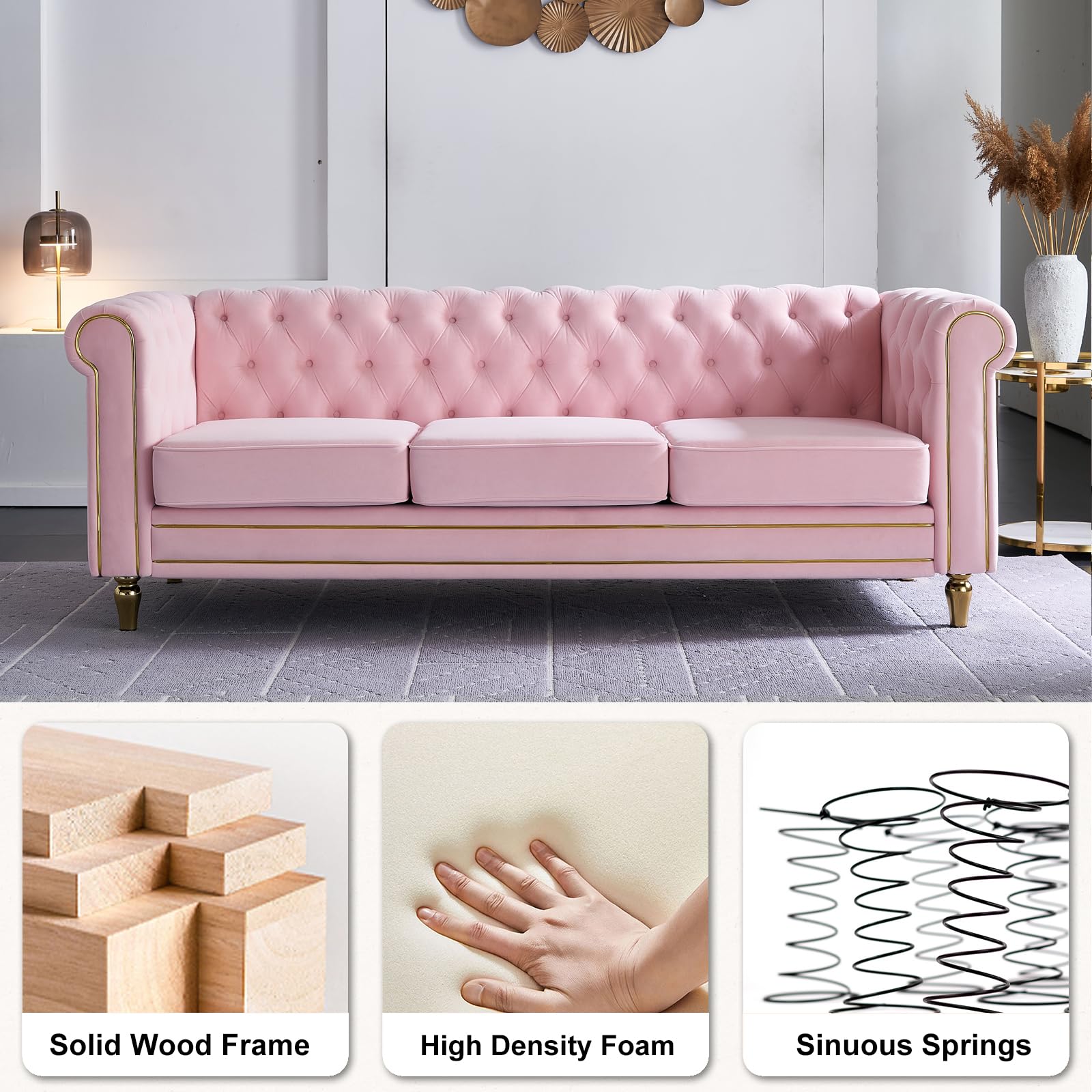 Homtique 84" Modern Sofa Couch for Living Room, 3 Seater Couch Comfy Velvet Sofa Button Tufted Rolled Arms and Gold Legs, Chesterfield Sofa for Home Studio/Office, Bedroom, Pink