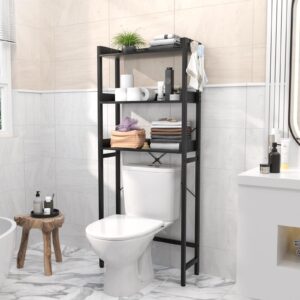 Ecoprsio Over-The-Toilet Storage Rack, 3-Tier Bathroom Organizer Shelf Over Toilet, Freestanding Space Saver Toilet Stands with 4 Hooks, Black