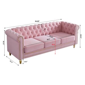 Homtique 84" Modern Sofa Couch for Living Room, 3 Seater Couch Comfy Velvet Sofa Button Tufted Rolled Arms and Gold Legs, Chesterfield Sofa for Home Studio/Office, Bedroom, Pink